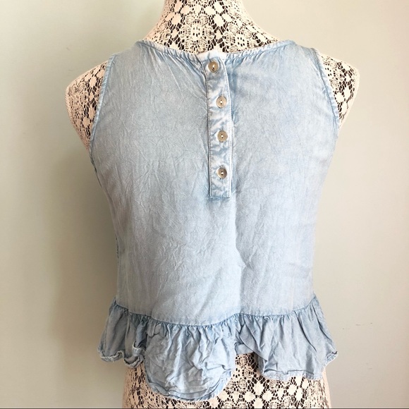 Style Envy Chambray Button Back Ruffle Top - Picture 4 of 5